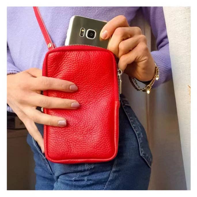 Genuine Leather Taupe phone bag, crafted in Italy