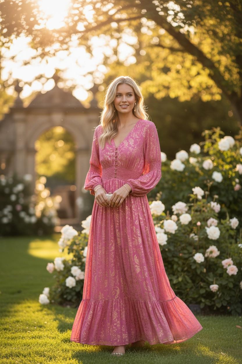 Pink Shimmer Paisley Maxi Dress