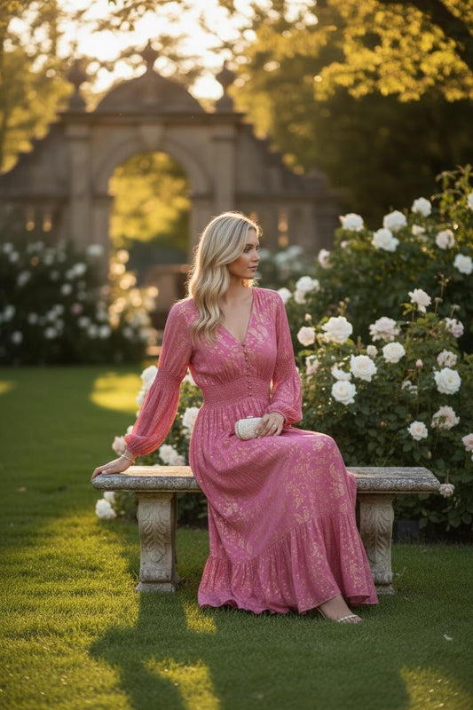 Pink Shimmer Paisley Maxi Dress