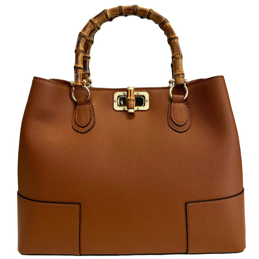 Genuine Leather large Caramel day handbag with real bamboo handle, crafted in Italy