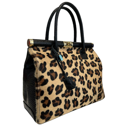 Genuine Leather handbag with Leopard printed front, crafted in Italy