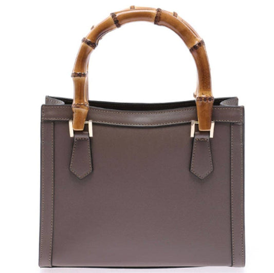 Genuine Leather Taupe handbag / shoulder bag with real bamboo handle, crafted in Italy