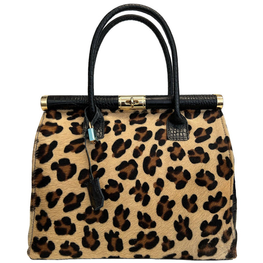 Genuine Leather handbag with Leopard printed front, crafted in Italy