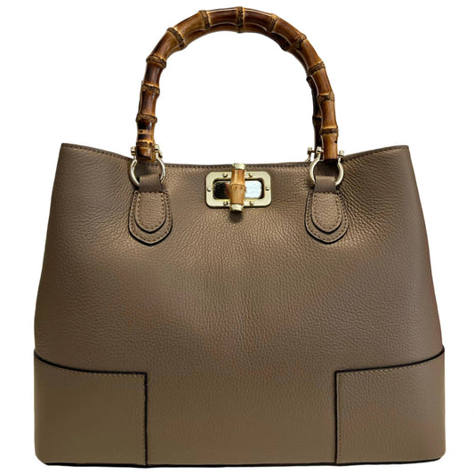 Genuine Leather large Taupe day handbag with real bamboo handle, crafted in Italy