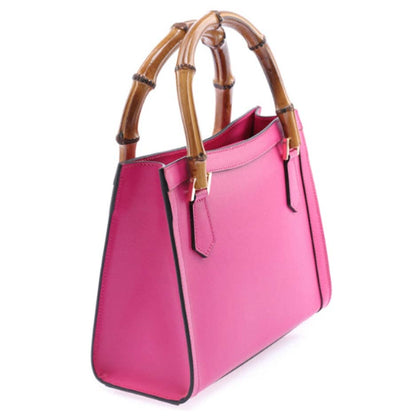 Genuine Leather Fuchsia Pink handbag / shoulder bag with real bamboo handle, crafted in Italy