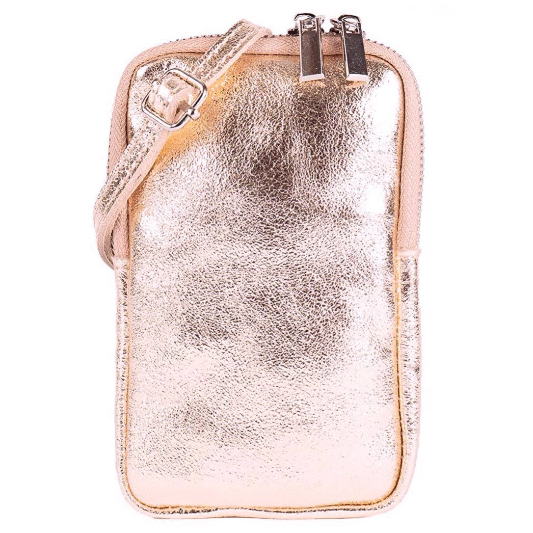 Genuine Leather Rose Gold phone bag, crafted in Italy