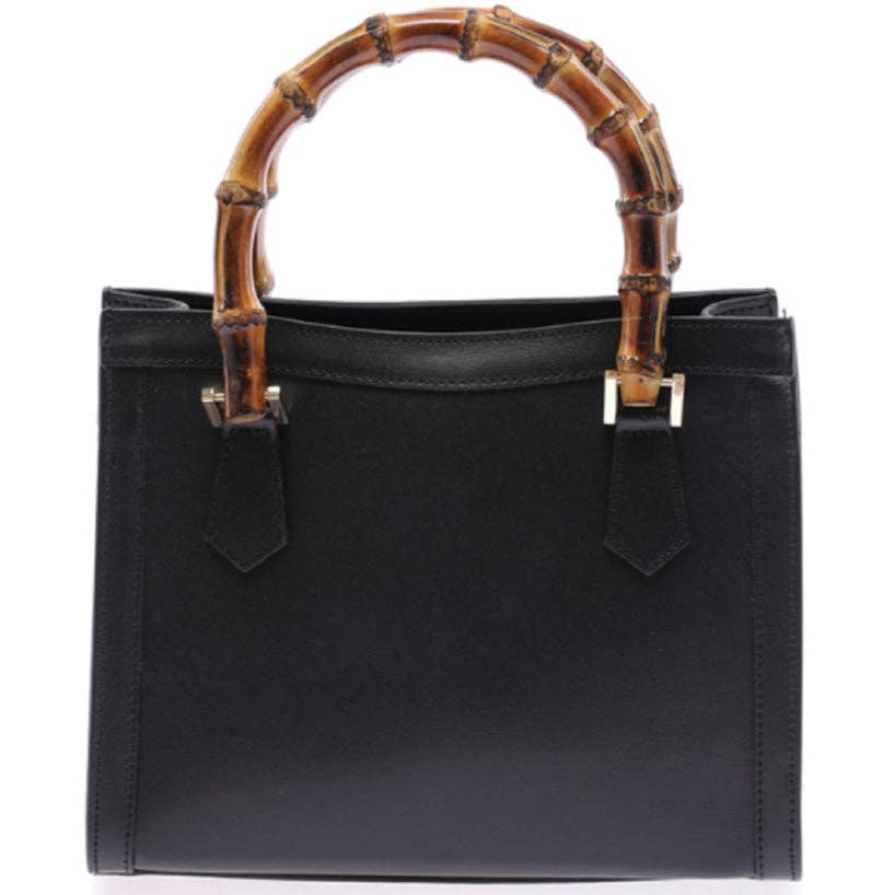 Genuine Leather Black handbag / shoulder bag with real bamboo handle, crafted in Italy