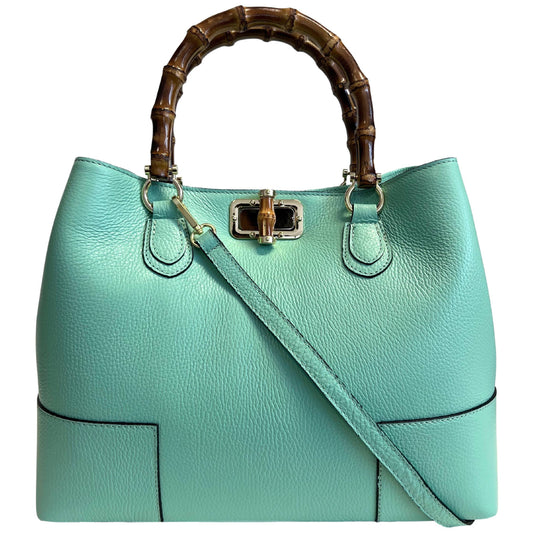 Genuine Leather large Pistachio day handbag with real bamboo handle, crafted in Italy