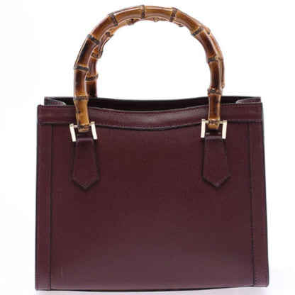 Genuine Leather Burgundy handbag / shoulder bag with real bamboo handle, crafted in Italy