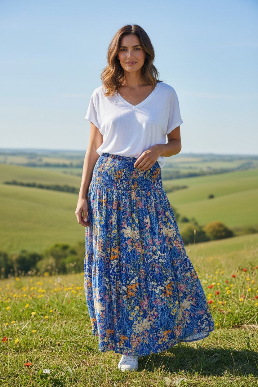 Ditsy Floral Shirred Tiered Maxi Skirt