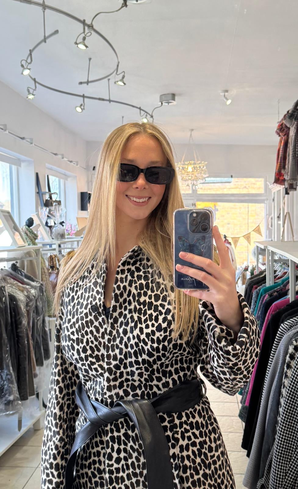 Victoria Long Coat with Leather Tie, Printed Cow Hide