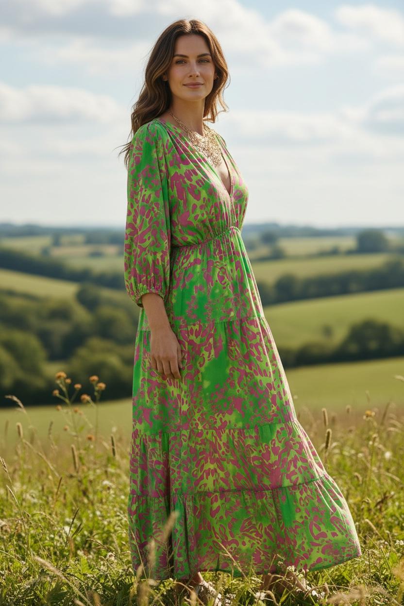 Tiered Maxi Dress - Green & Pink