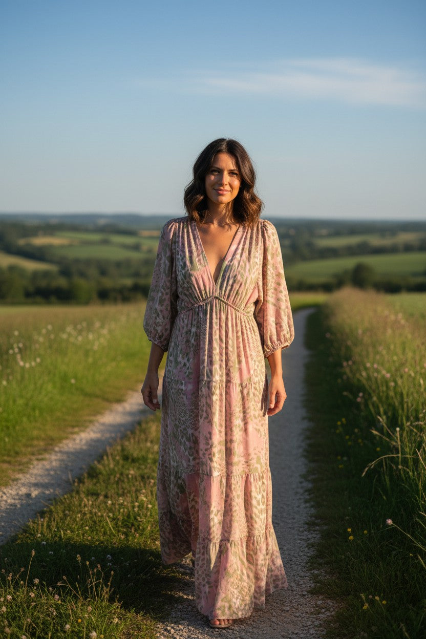 Tiered Maxi Dress - Soft Green & Pale Pink