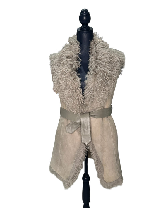 Kat Long Haired Sheepskin Gilet with leather tie.