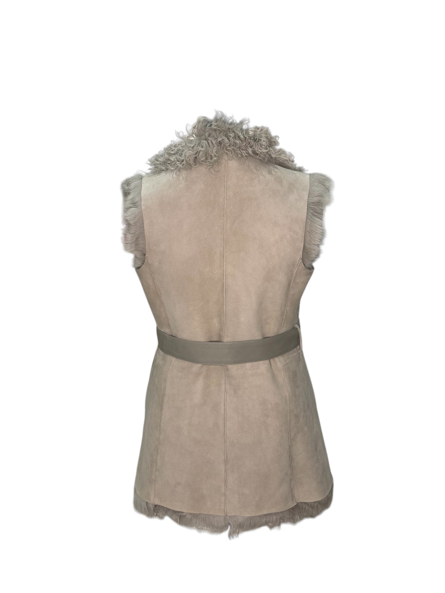 Kat Long Haired Sheepskin Gilet with leather tie.