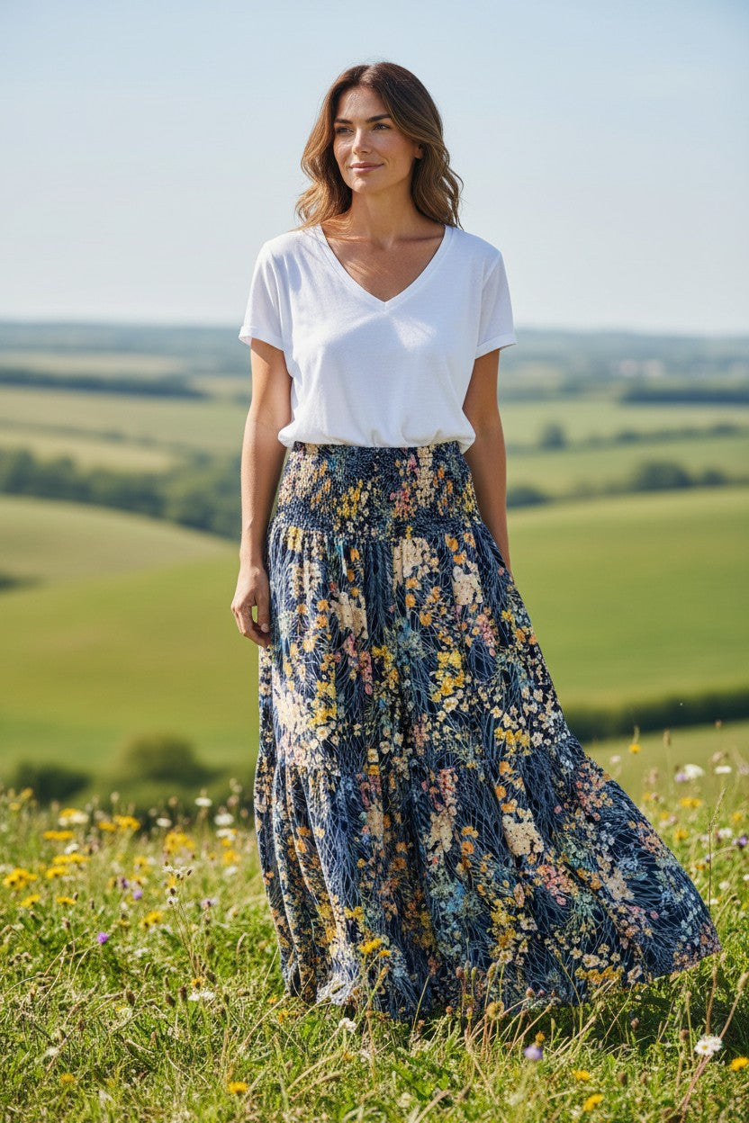Ditsy Floral Shirred Tiered Maxi Skirt