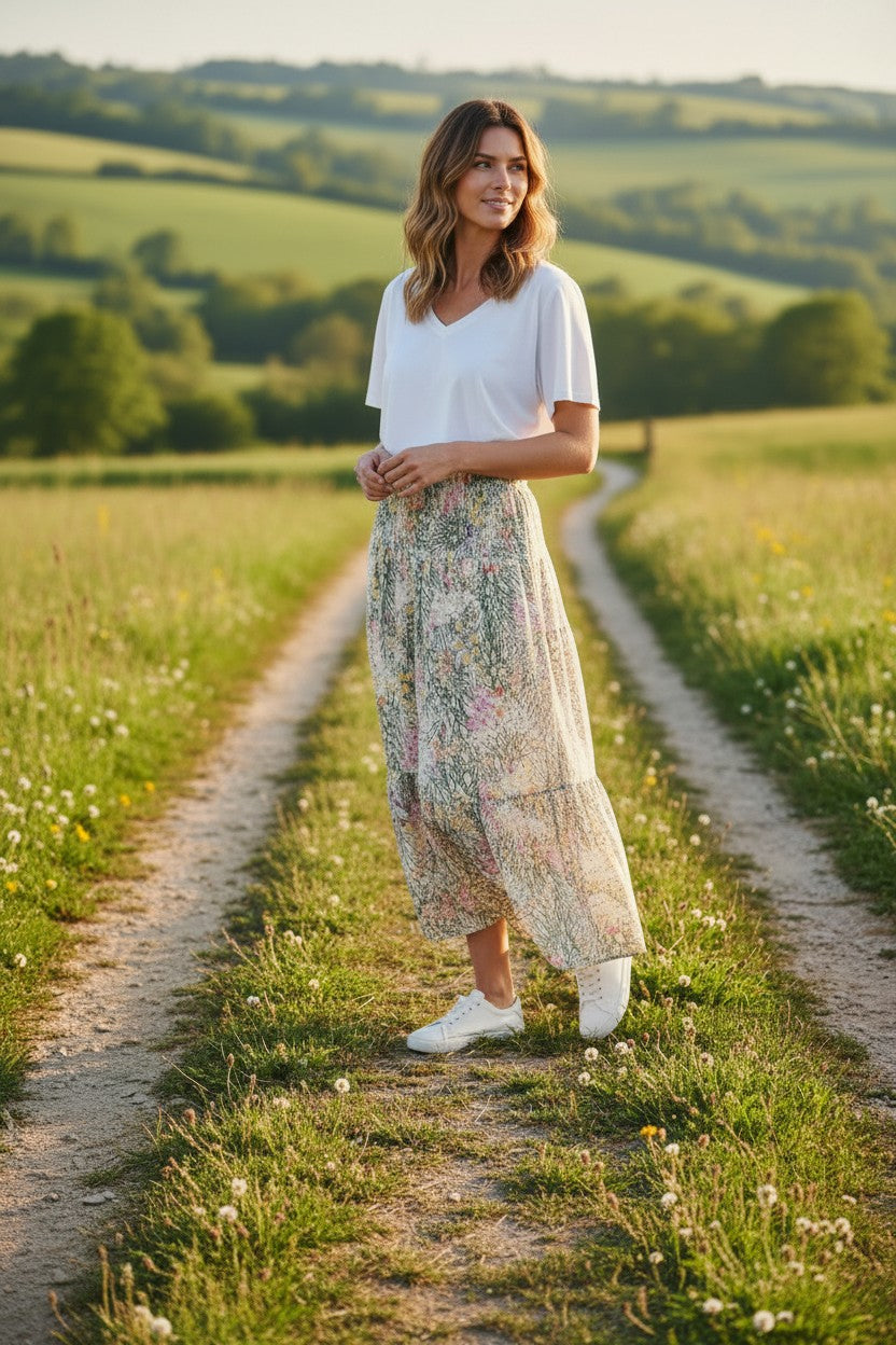 Ditsy Floral Shirred Tiered Maxi Skirt