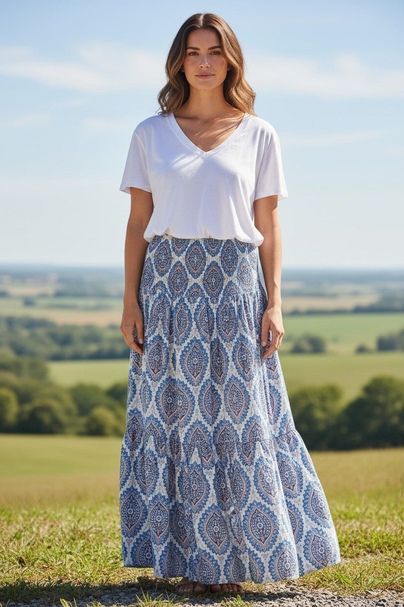 Paisley Print Shirred Waist Tiered Skirt