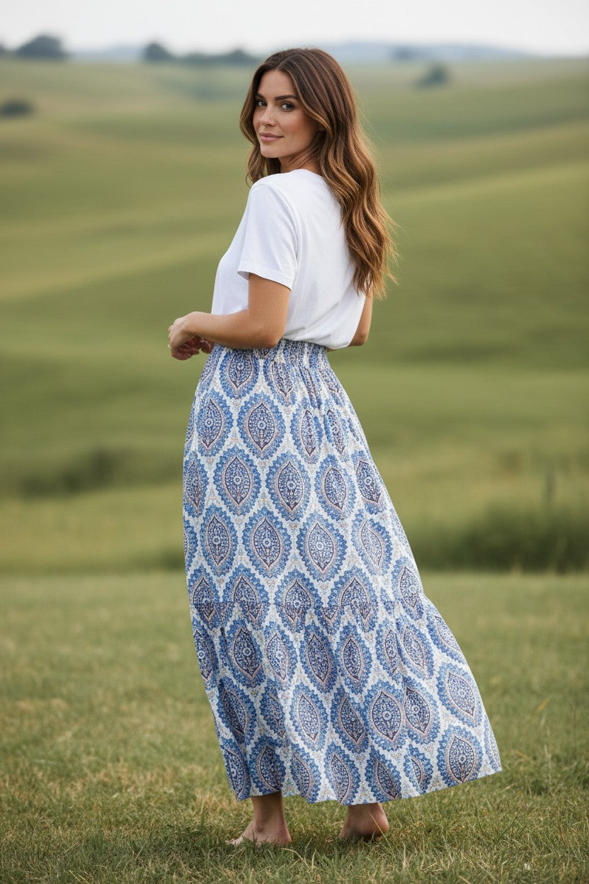 Paisley Print Shirred Waist Tiered Skirt