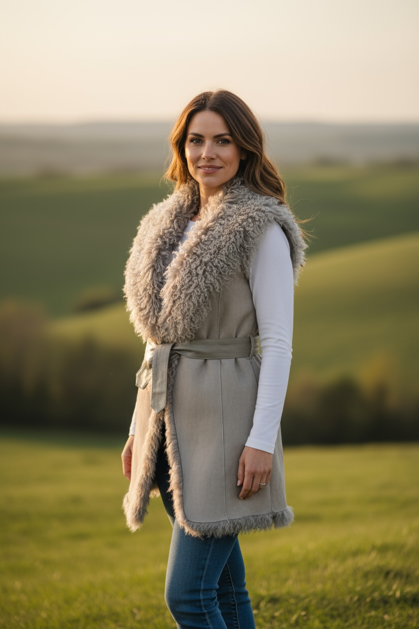 Kat Long Haired Sheepskin Gilet with leather tie.