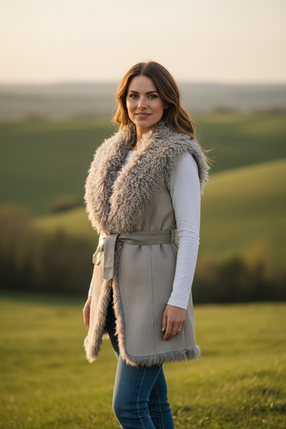 Kat Long Haired Sheepskin Gilet with leather tie.