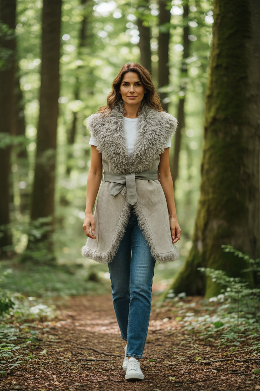 Kat Long Haired Sheepskin Gilet with leather tie.