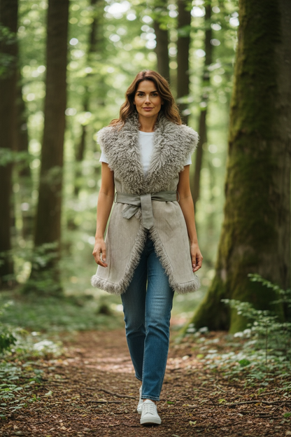 Kat Long Haired Sheepskin Gilet with leather tie.