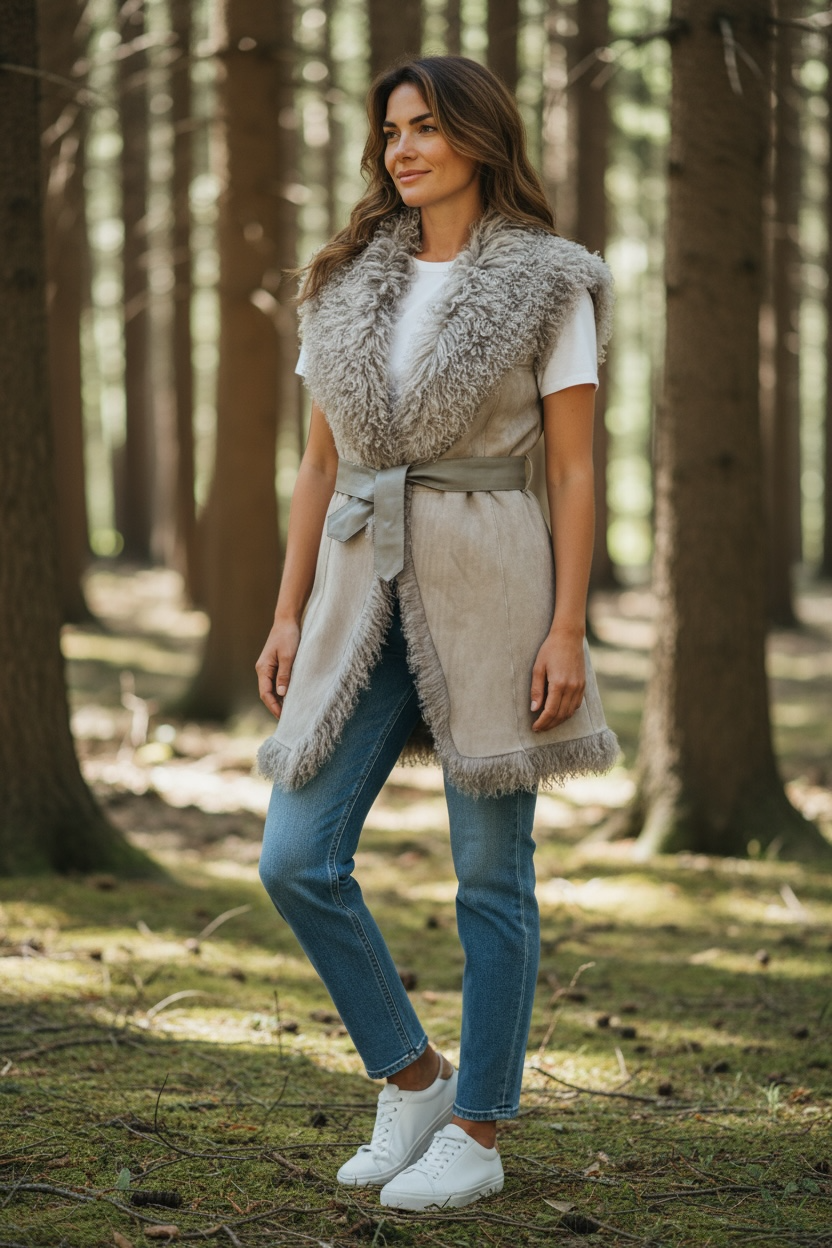 Kat Long Haired Sheepskin Gilet with leather tie.