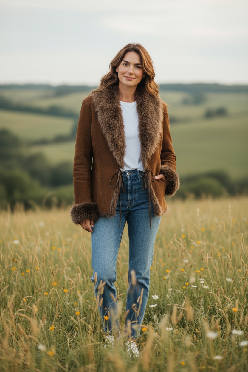 Eva Shearling Toscana Jacket with Leather Ties