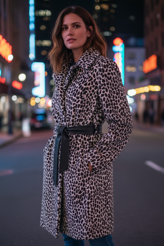Victoria Long Coat with Leather Tie, Printed Cow Hide