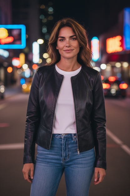 Luna Leather Round Necked Zipped Jacket