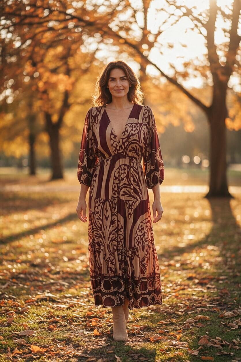 Tiered Maxi Dress for Autumn in burgundy and brown