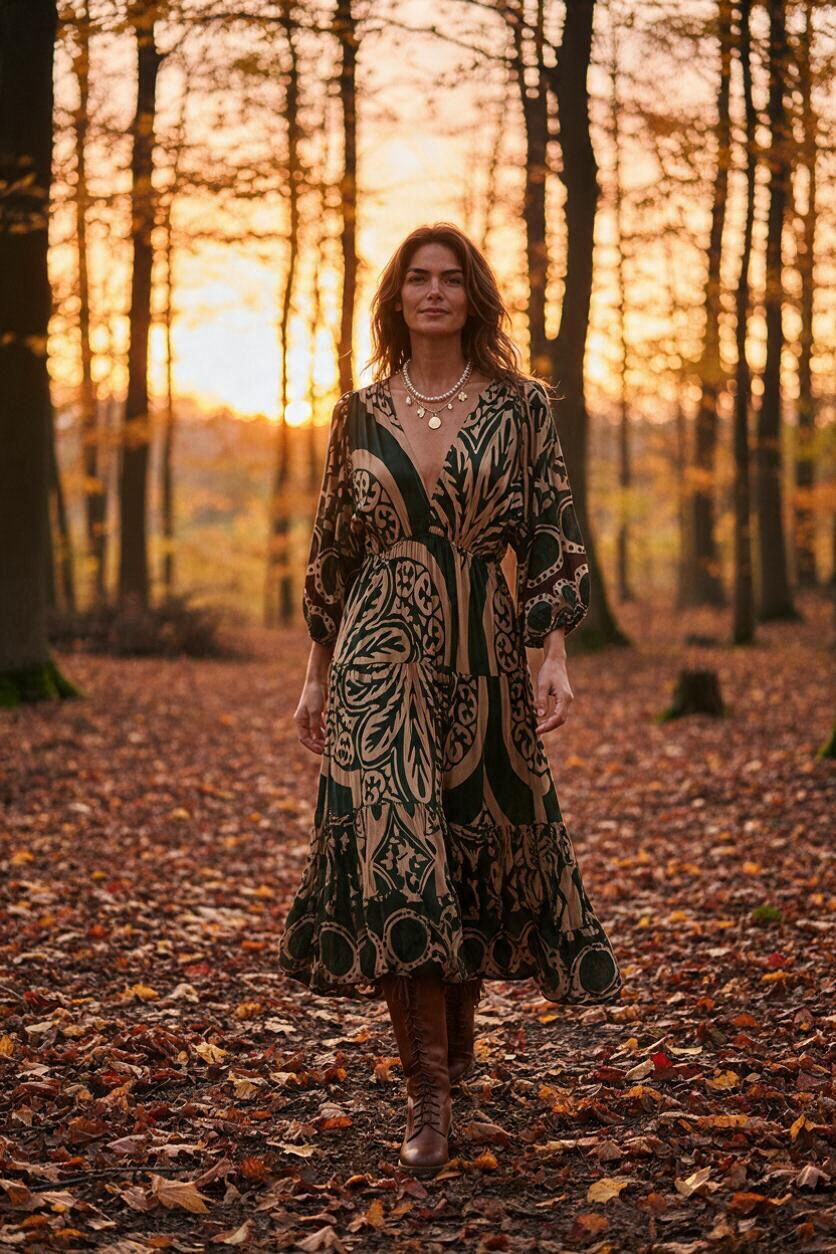 Tiered Maxi Dress for Autumn in green and brown