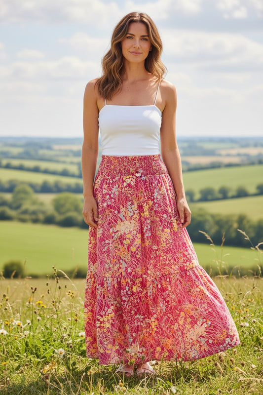 Ditsy Floral Shirred Tiered Maxi Skirt