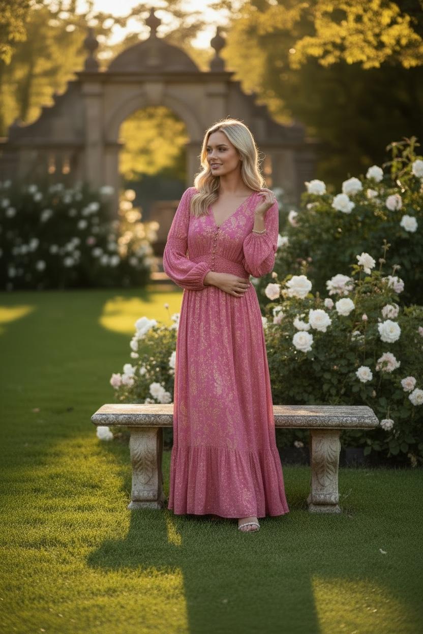 Pink Shimmer Paisley Maxi Dress