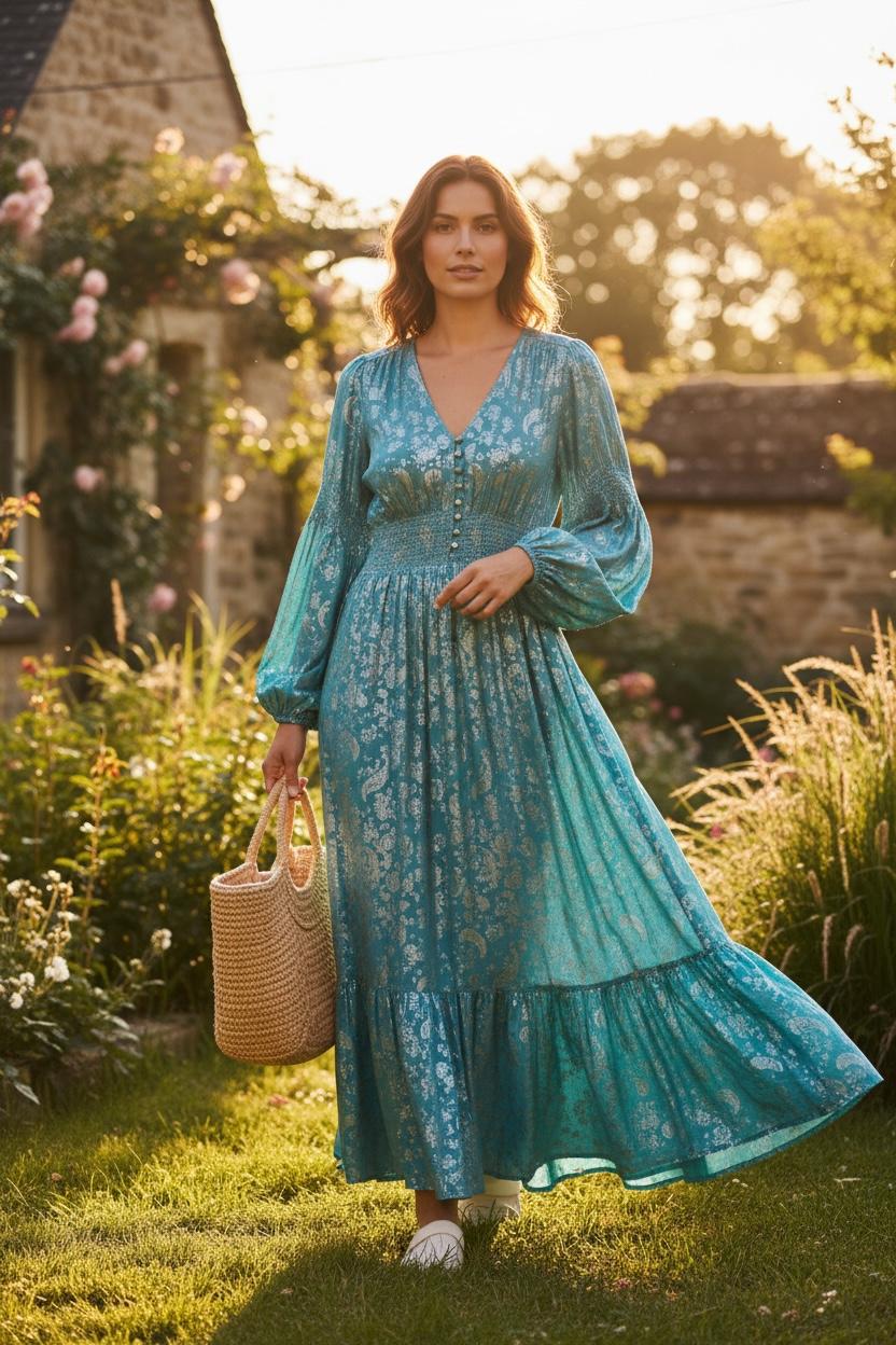 Turquoise Shimmer Paisley Maxi Dress