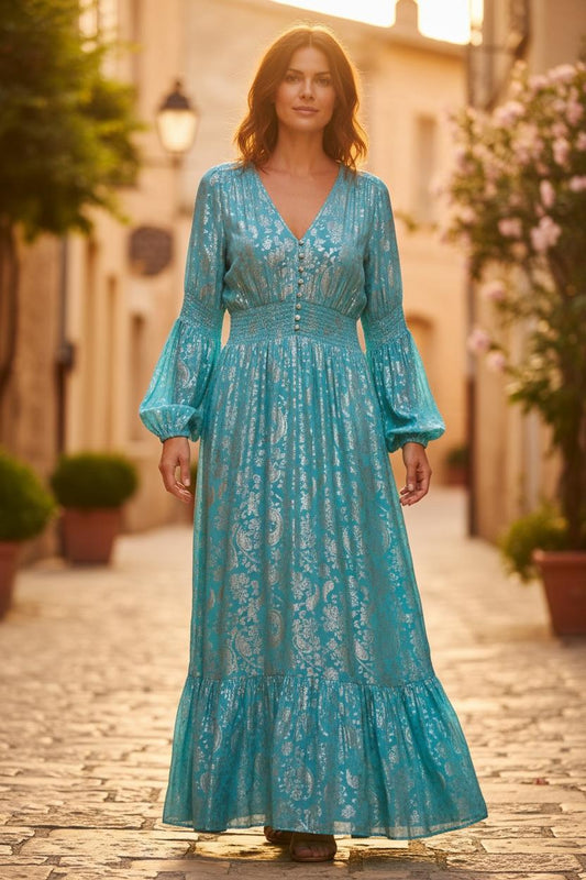 Turquoise Shimmer Paisley Maxi Dress