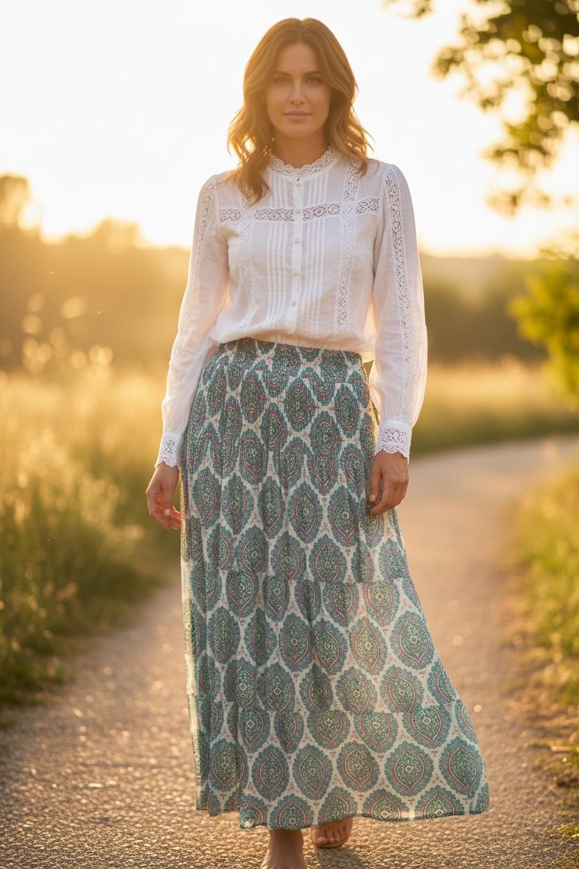 Paisley Print Shirred Waist Tiered Skirt