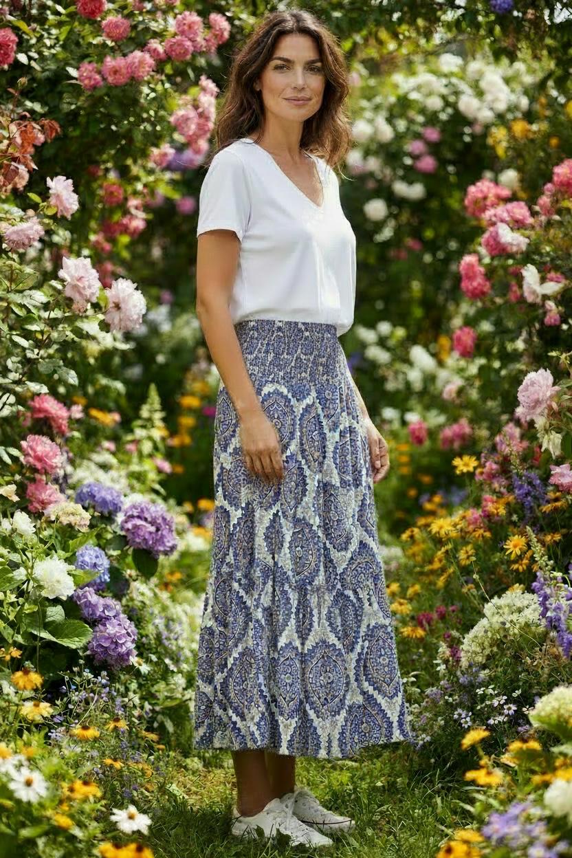Paisley Print Shirred Waist Tiered Skirt