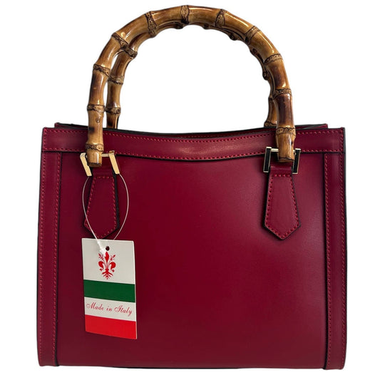 Genuine Leather Burgundy handbag / shoulder bag with real bamboo handle, crafted in Italy