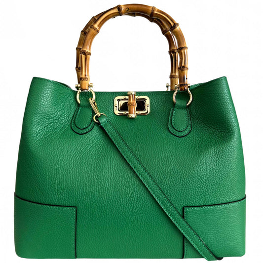 Genuine Leather large Green day handbag with real bamboo handle, crafted in Italy