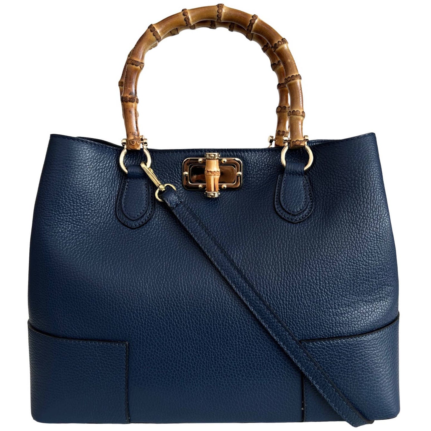 Genuine Leather large Navy day handbag with real bamboo handle, crafted in Italy