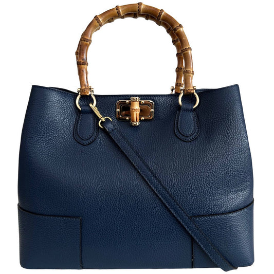 Genuine Leather large Navy day handbag with real bamboo handle, crafted in Italy