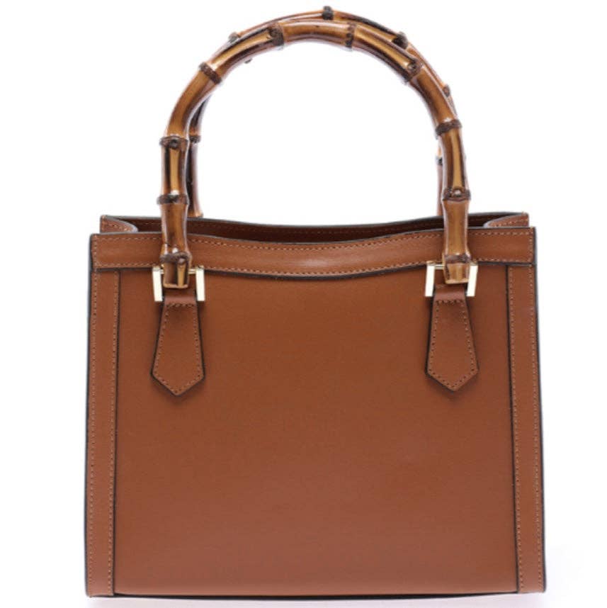 Genuine Leather Caramel handbag / shoulder bag with real bamboo handle, crafted in Italy