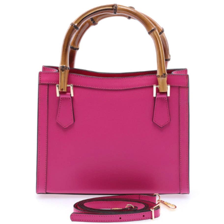 Genuine Leather Fuchsia Pink handbag / shoulder bag with real bamboo handle, crafted in Italy