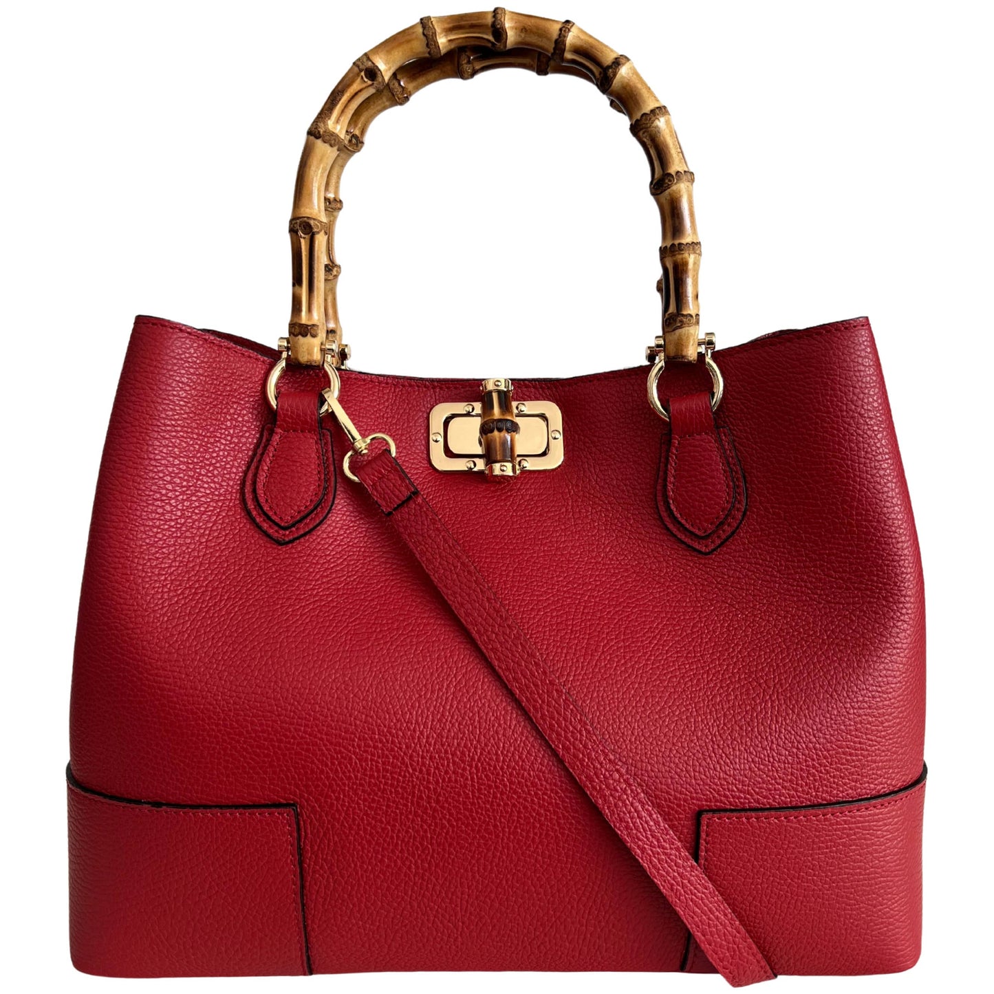 Genuine Leather large Red handbag with real bamboo handle, crafted in Italy